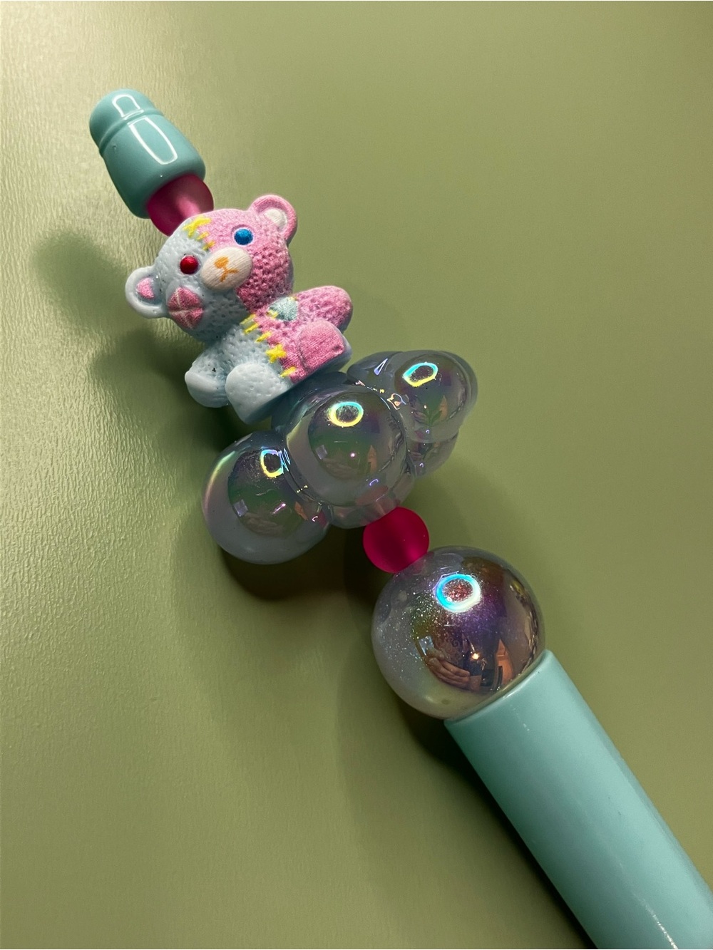 Blue Pink Emo Bear on a Blue Cloud Kawaii Handmade Beaded Pen - Picture 3 of 8